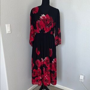 Red and Pink Midi Sundress with Ruched Pleats and 3/4 Bishop Sleeves